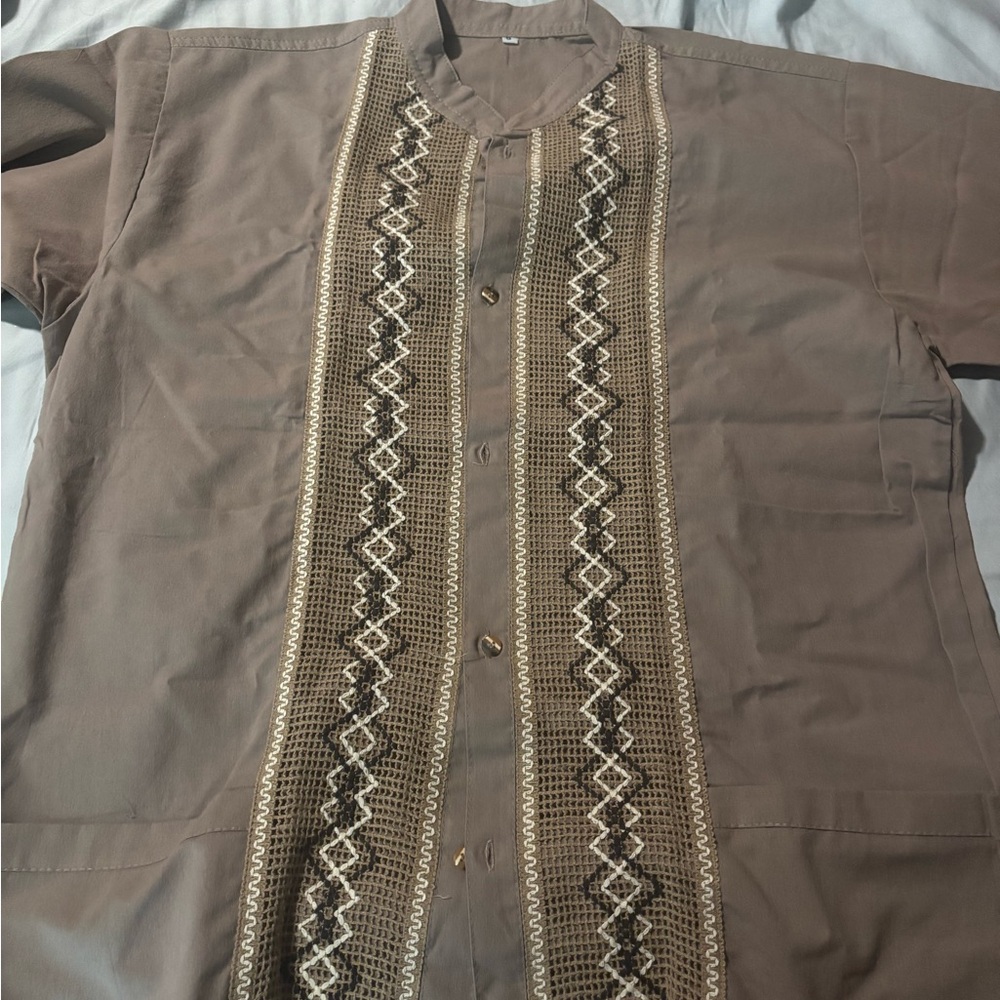 Brown Embroidered Button-Up Shirt (Mexican traditional)